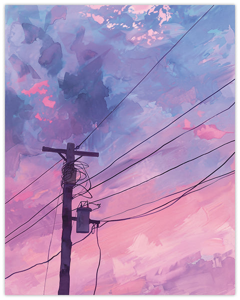 Artistic wall art of a power pole with wires against a dreamy sky of ice cream pink