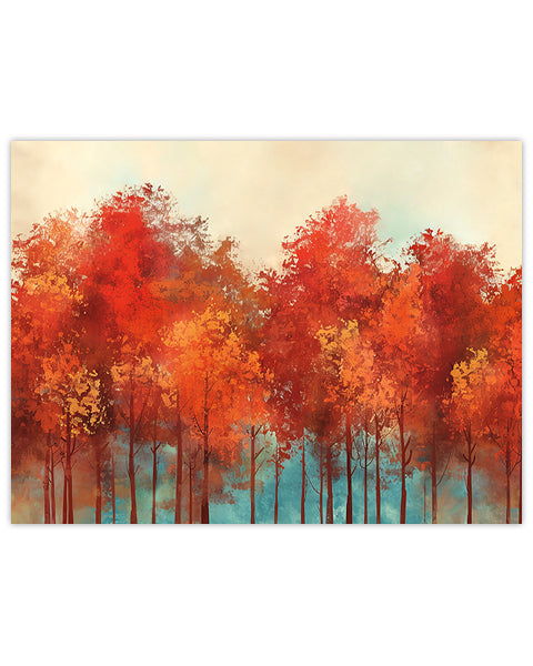 Wall art painting of autumn trees with vibrant red and orange foliage and a wash of turquoise underneath