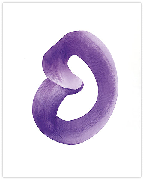 Abstract wall art featuring an unbroken purple brushstroke on a white background