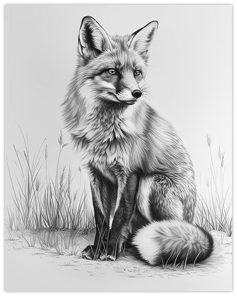 Wall art pencil drawing of a fox sitting in grass
