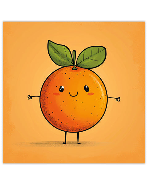 Wall art featuring a cartoon orange character with a happy expression on an orange background