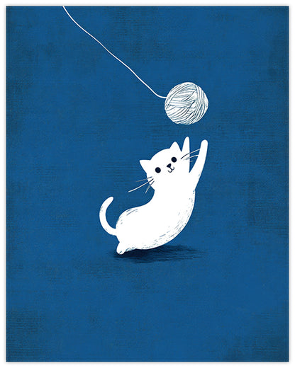 Wall art illustration of a white cat playing with a ball of yarn on a blue background
