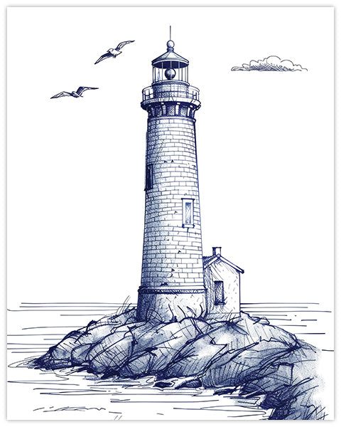 Wall art pen drawing of a lighthouse on rocks with birds and clouds