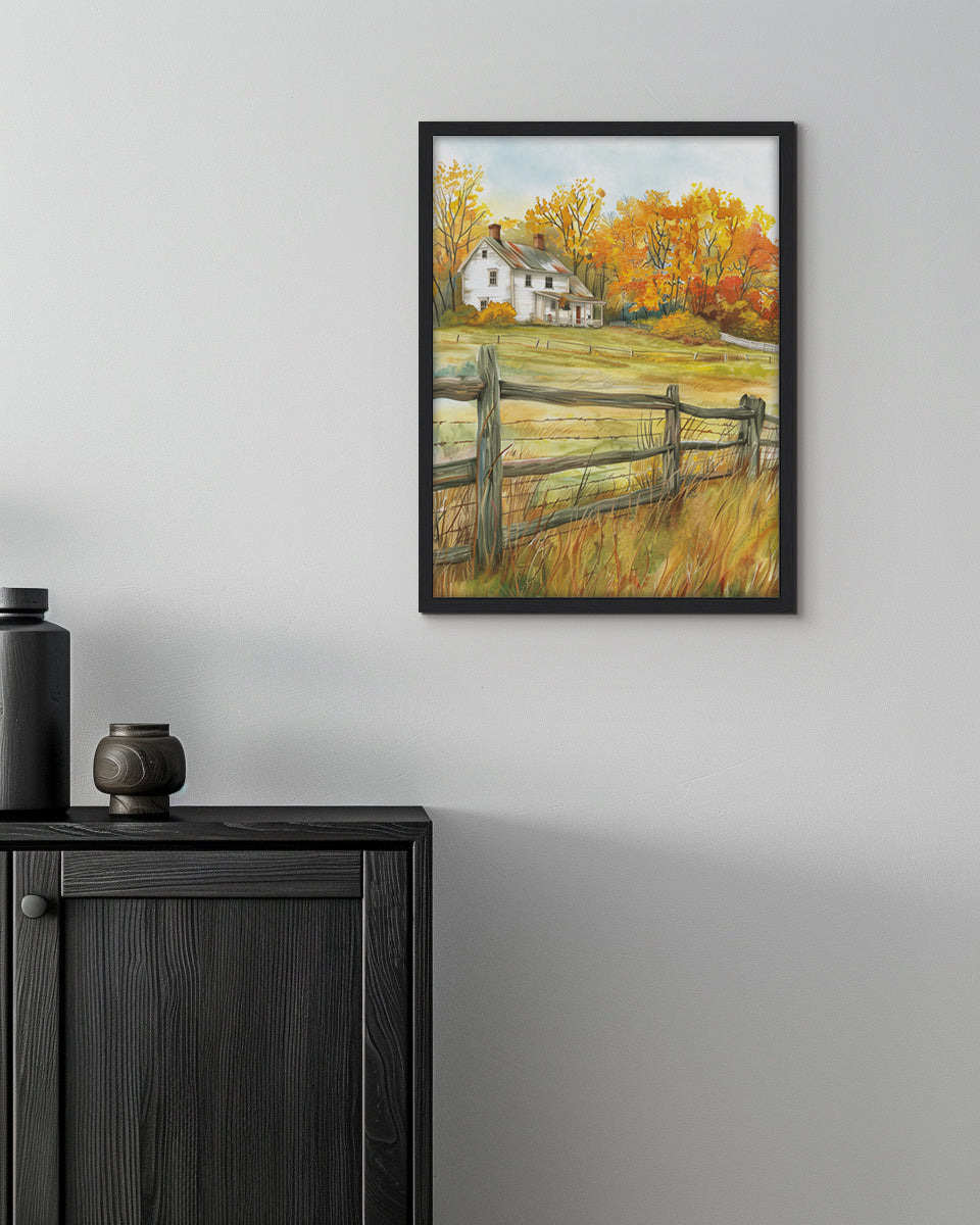 Wall art print of a barnyard in an autumn landscape