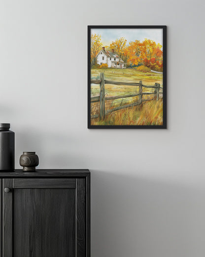 Wall art print of a barnyard in an autumn landscape