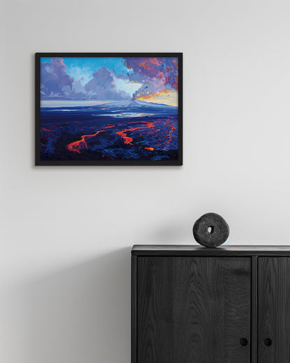 Painting of a volcanic landscape in Iceland with flowing lava and colorful sky.