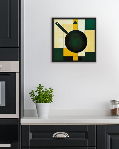 Abstract wall art art featuring a frying pan against a background with geometric shapes in green, yellow, beige, and black