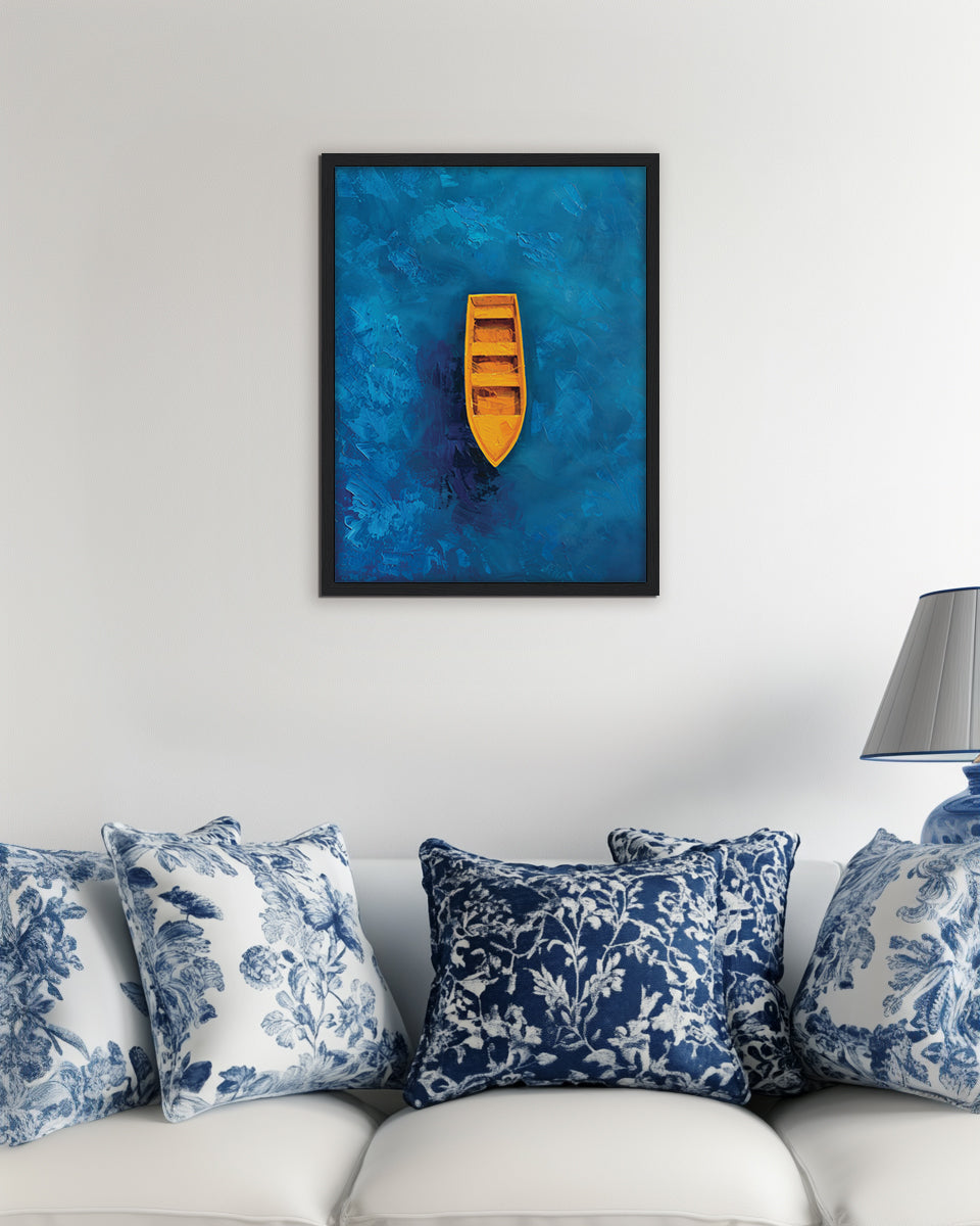 Wall art of a yellow boat floating on the blue sea