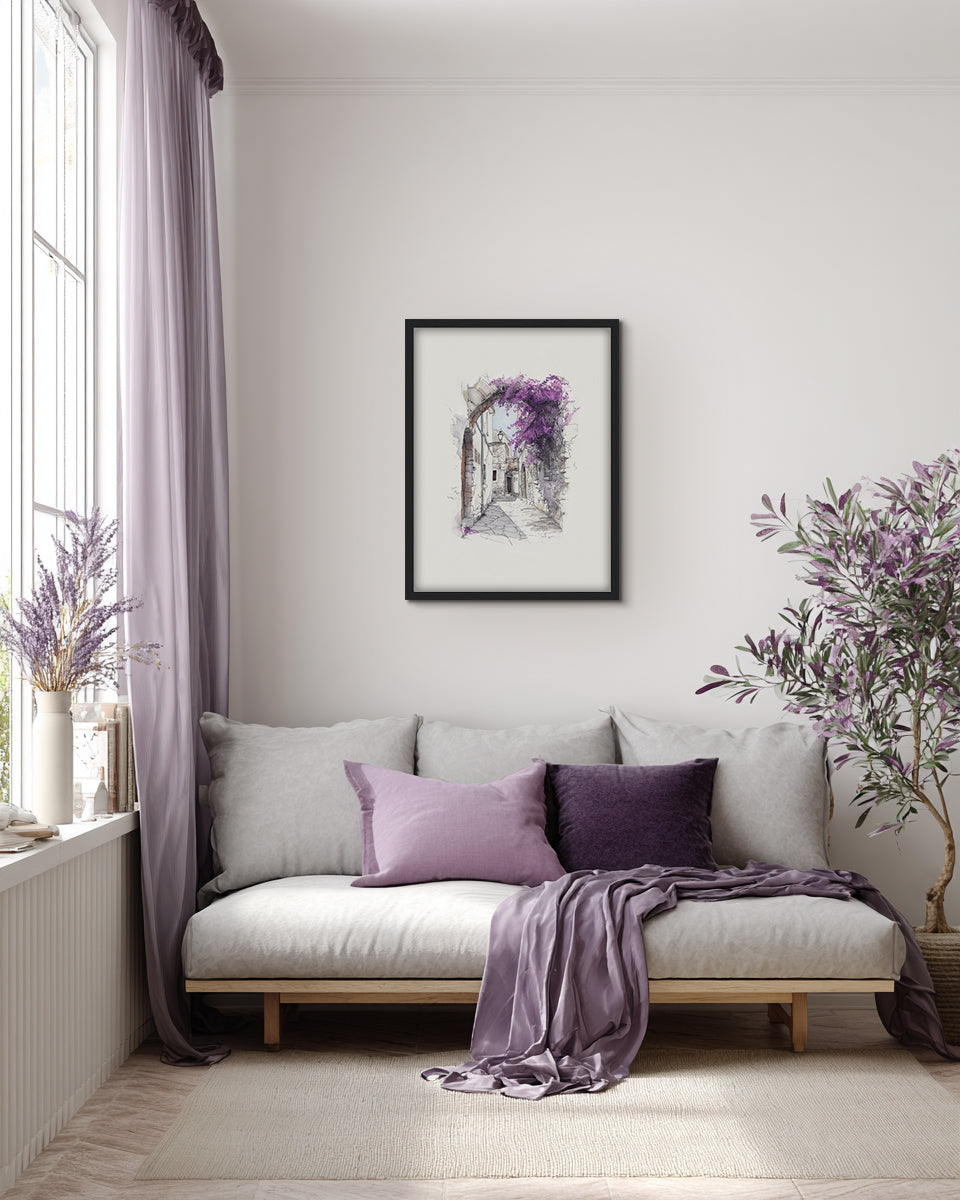 Wall art featuring an artistic illustration of a stone archway with purple flowers in an urban setting