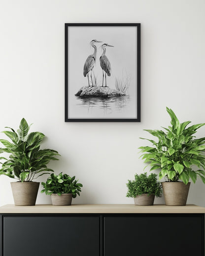 Wall art pencil drawing of two storks standing on a rock surrounded by water