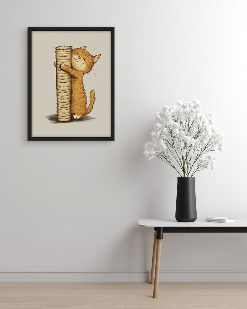 Wall art illustration of a cat hugging a scratch post on a beige background