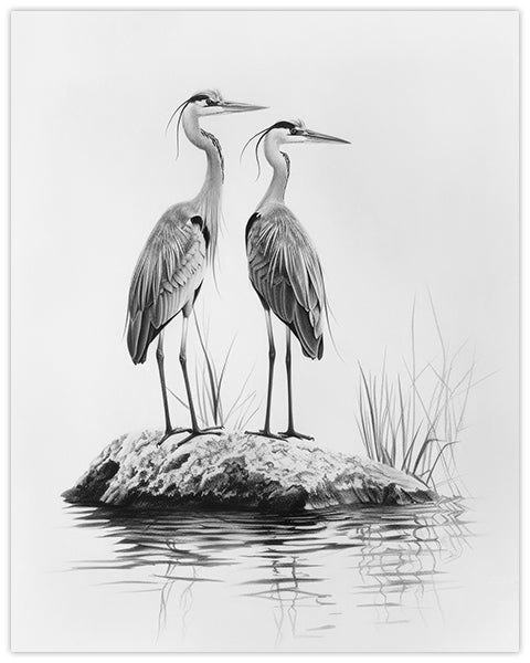 Wall art pencil drawing of two storks standing on a rock surrounded by water