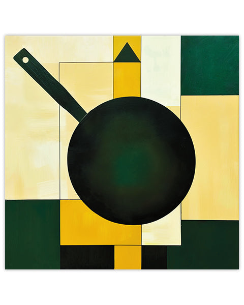 Abstract wall art art featuring a frying pan against a background with geometric shapes in green, yellow, beige, and black