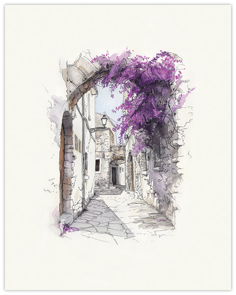 Wall art featuring an artistic illustration of a stone archway with purple flowers in an urban setting