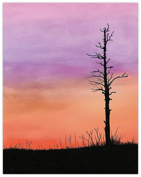 Wall art featuring a silhouette of a tree against a pink and orange sunset sky