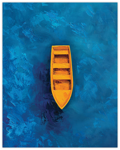Wall art of a yellow boat floating on the blue sea