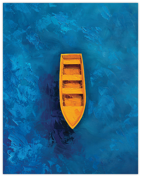 Wall art of a yellow boat floating on the blue sea