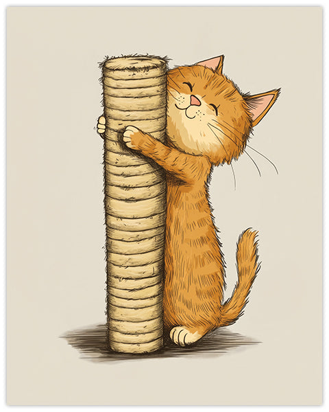 Wall art illustration of a cat hugging a scratch post on a beige background