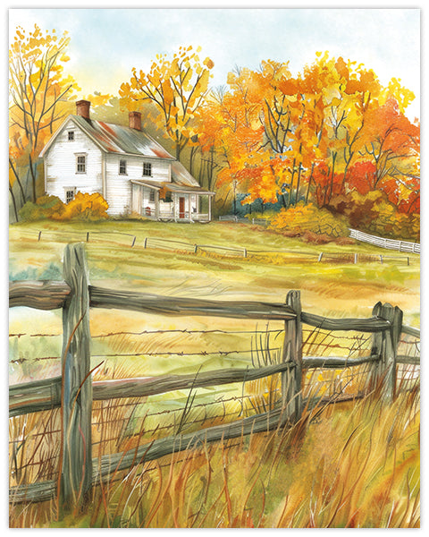 Wall art print of a barnyard in an autumn landscape