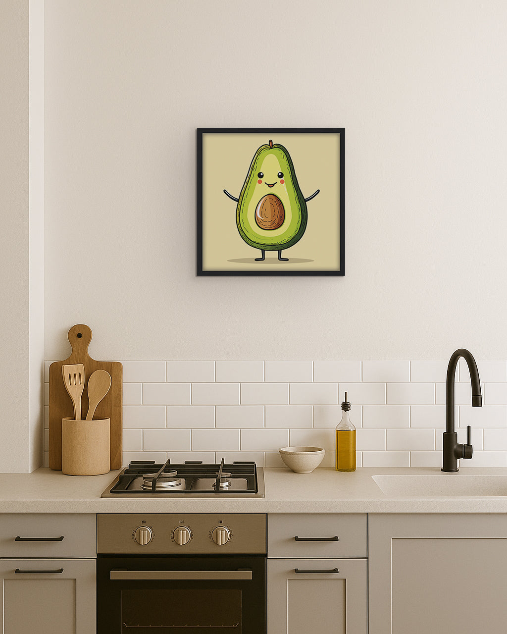 Wall art featuring a cartoon avocado with a happy expression on a beige background