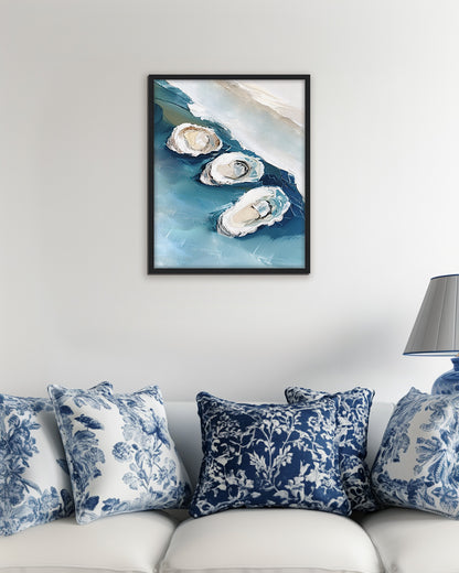 Wall art painting of three mother of pearl oysters on the sea shore