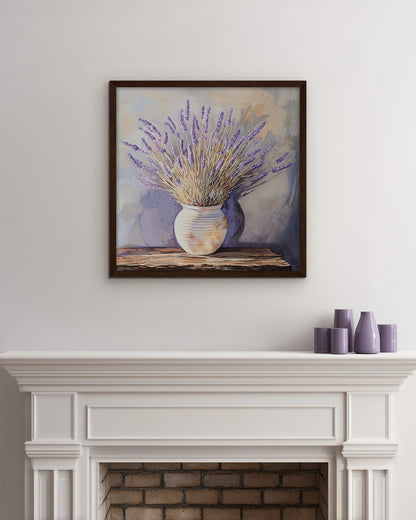Watercolor wall art featuring a vase with lavender on a wooden table