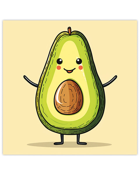 Wall art featuring a cartoon avocado with a happy expression on a beige background