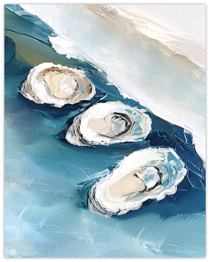 Wall art painting of three mother of pearl oysters on the sea shore