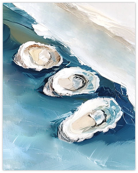Wall art painting of three mother of pearl oysters on the sea shore