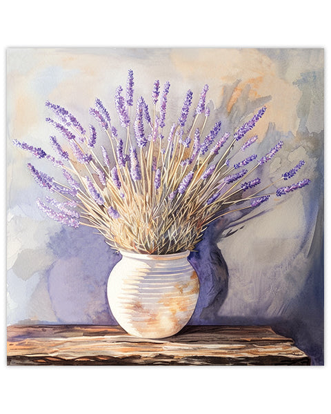 Watercolor wall art featuring a vase with lavender on a wooden table