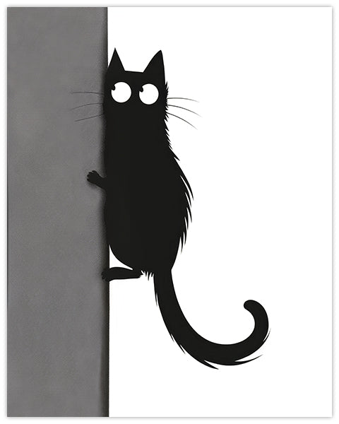Wall art of a cartoon black cat clinging onto a wall and listening carefully for faint sounds